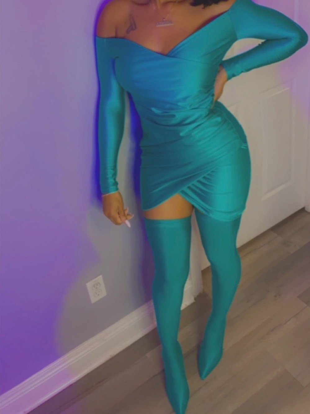 AKIRA Teal One-Shoulder Bodycon Dress with Matching Thigh-High Boot Covers